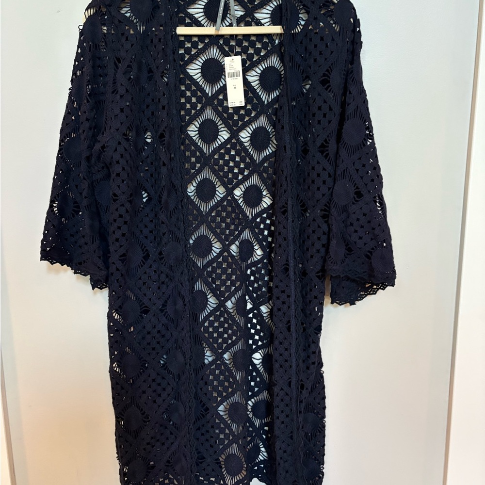 Stunning NWT Anthropologie Navy Woven Swim Coverup Elegant Open-Front Design